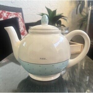 New Rae Dunn Artisan Collection By Magenta Blue Polka Dot POUR Teapot